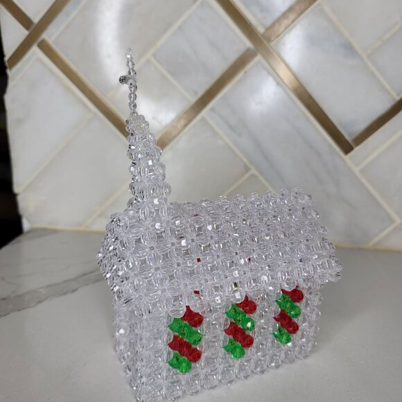 Handcrafted Beaded Church With Cross Clear Red & Green Beads sparkle table decor - Picture 4 of 9
